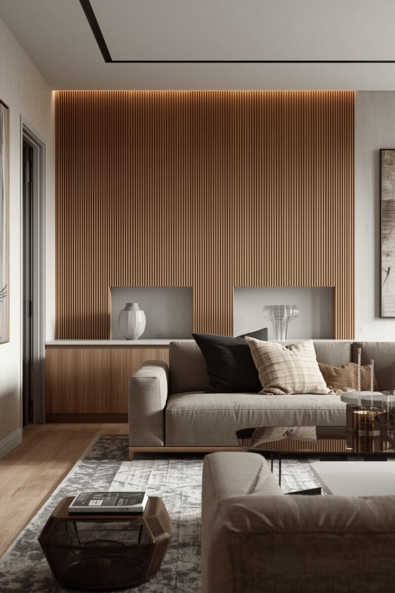 Modern living room with vertical wood slat accent wall, beige sectional sofa, and recessed shelving with decorative vases