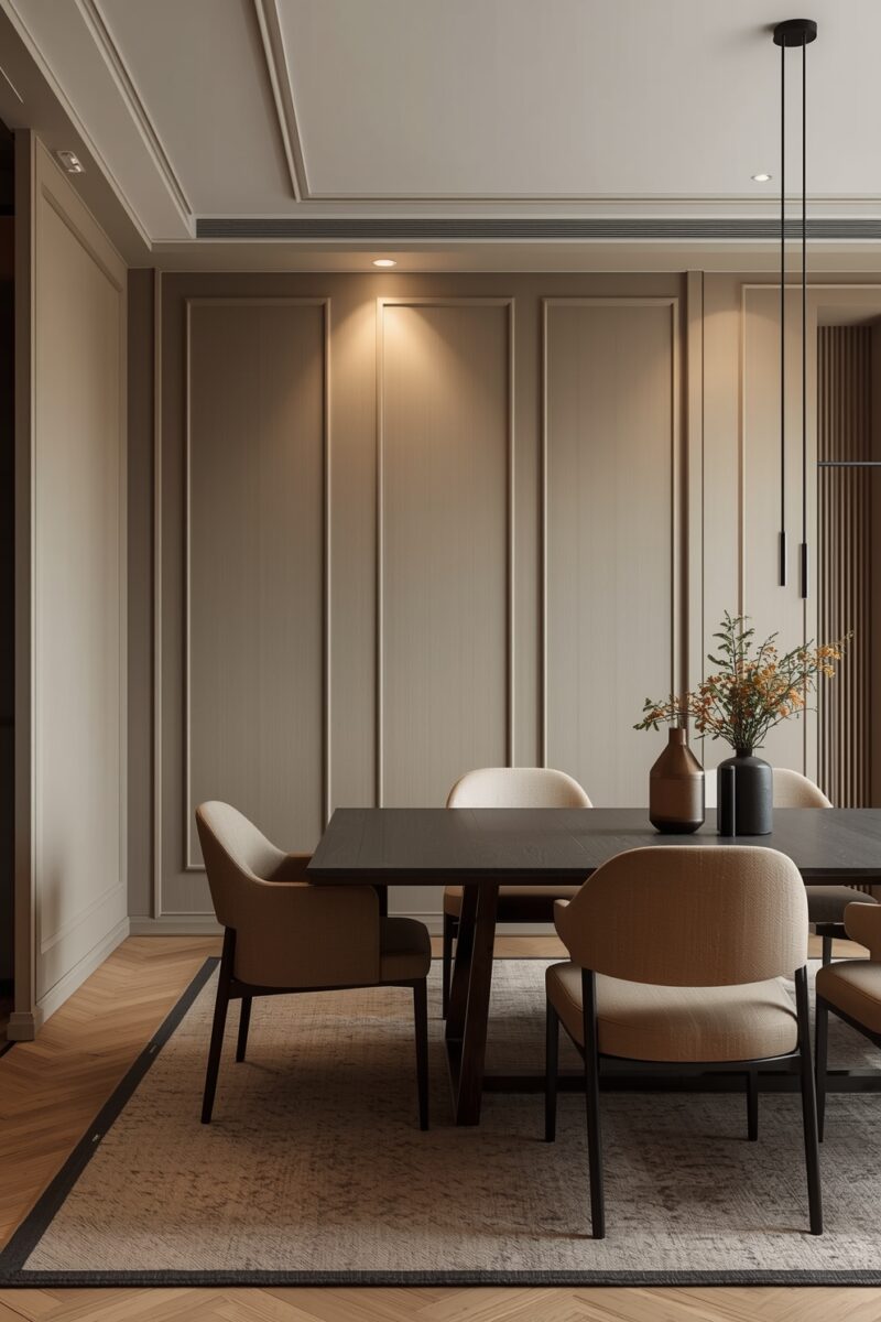 Modern dining room with dark rectangular table, tan upholstered chairs, paneled beige walls, and pendant lights
