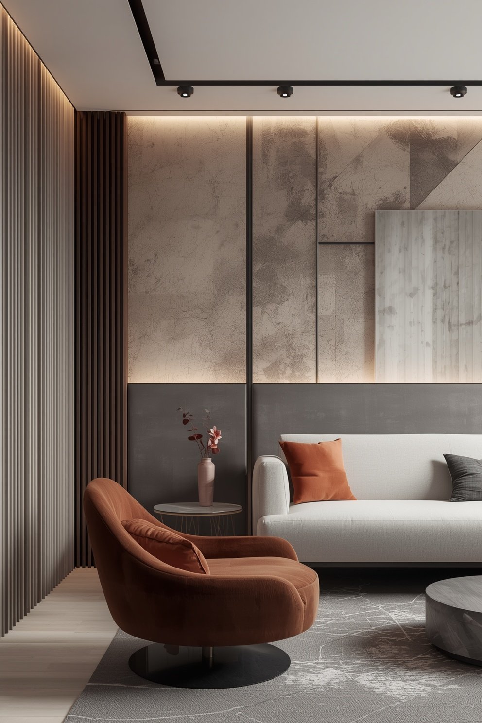 Modern luxury living room with terracotta velvet swivel chair, white sofa, and textured wall panels with warm lighting