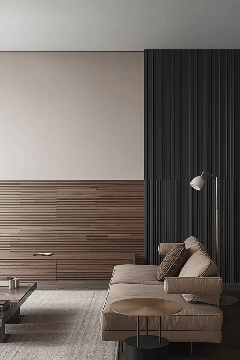 Modern living room with dark vertical slat wall, warm beige sofa, horizontal wood paneling, and floor lamp