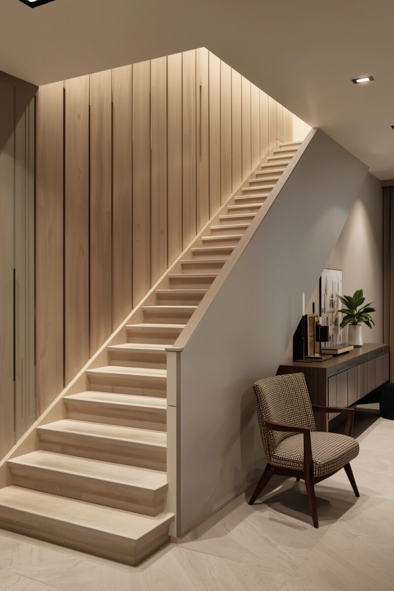 Modern minimalist staircase with light wood paneling, open treads, and mid-century accent chair in contemporary home interior