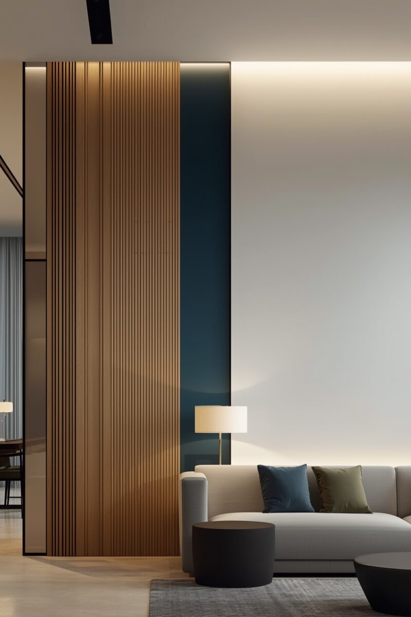 Modern minimalist living room with vertical wood slat accent wall, gray sectional sofa, teal pillows, and indirect ceiling lighting