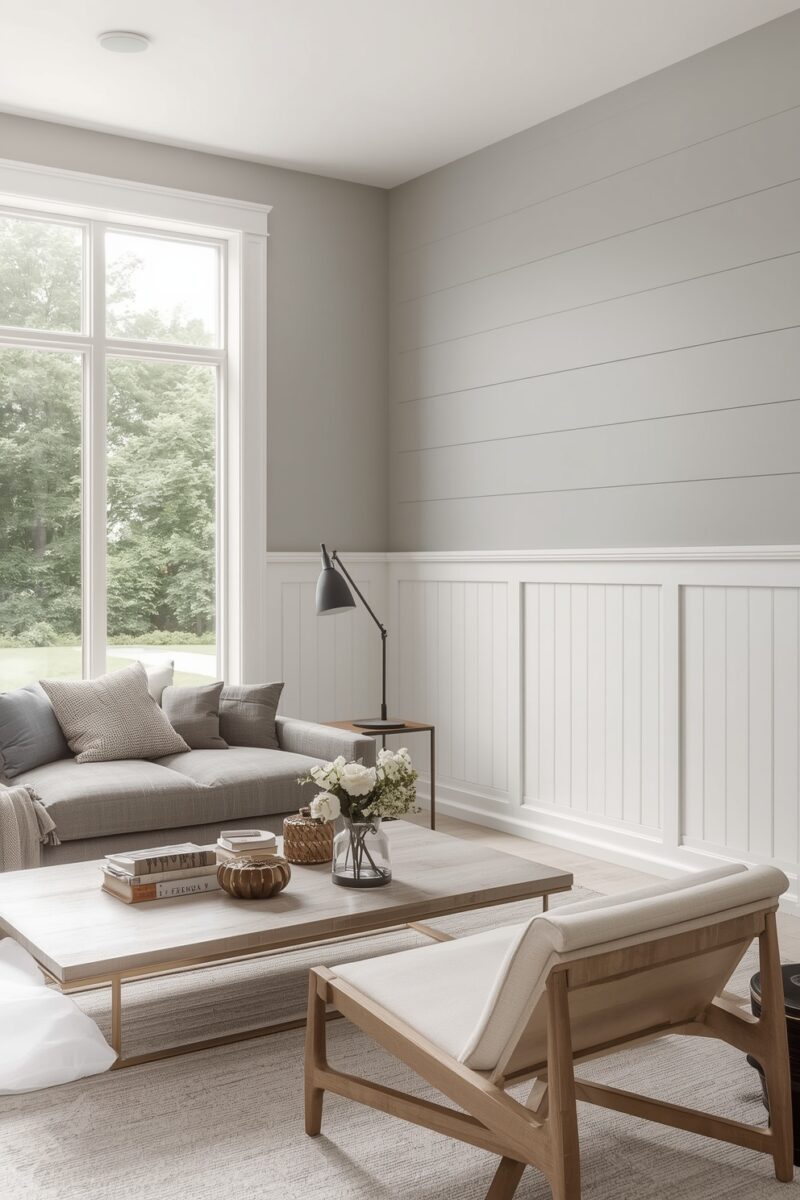 Modern farmhouse living room with gray shiplap walls, white wainscoting, gray sofa, wood coffee table, and natural light