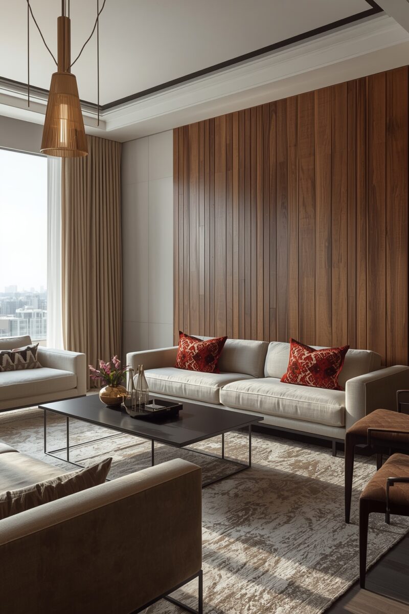 Modern living room with beige sofas, red accent pillows, walnut wood panel wall, black coffee table, and city view window