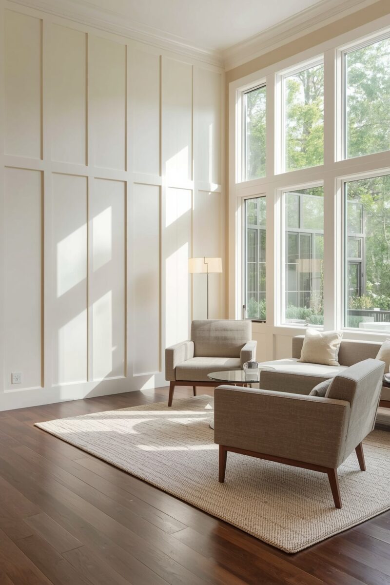 Bright modern living room with paneled walls, two gray armchairs, hardwood floors, and floor-to-ceiling windows