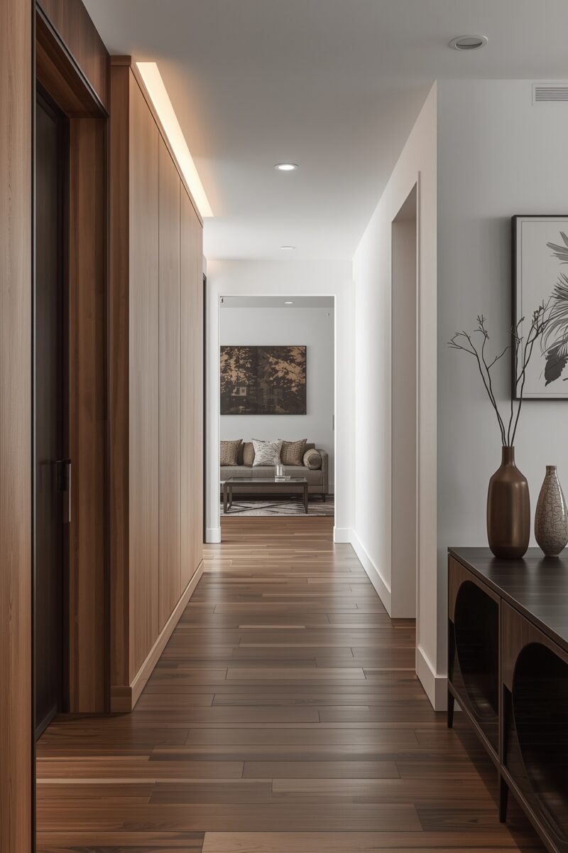 Modern hallway with warm wood-paneled walls, hardwood floors, recessed lighting, and view into living room with gray sofa