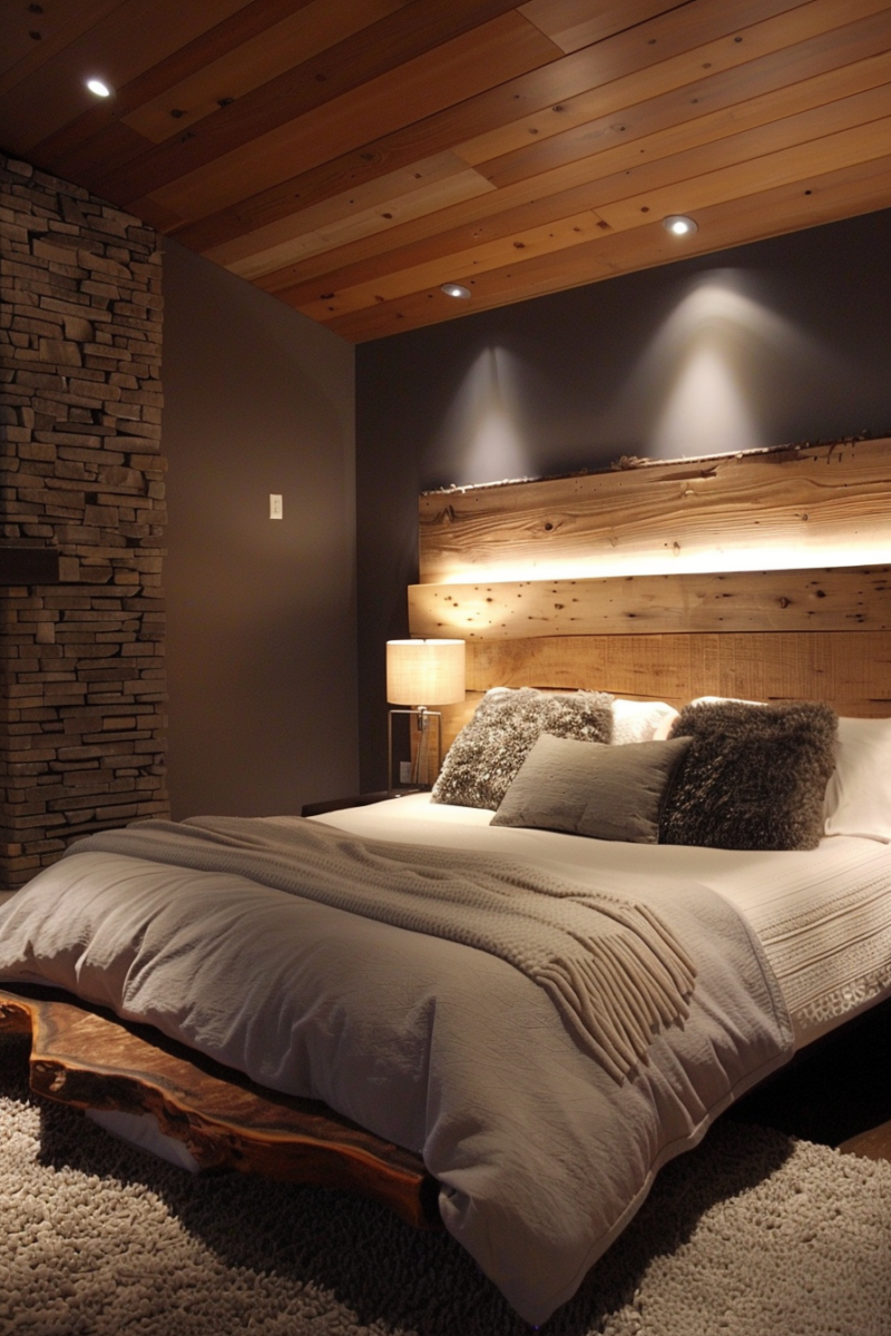 Japandi bedroom with a natural wood headboard