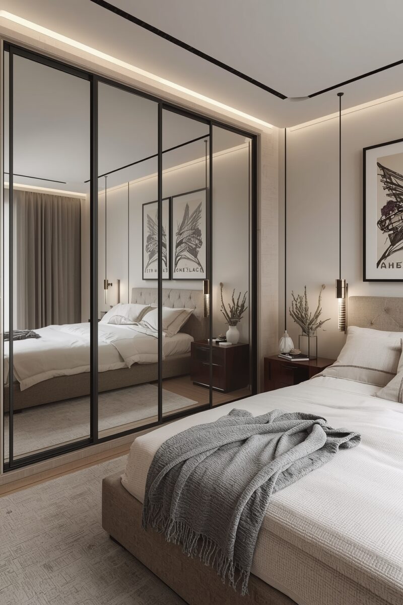 Modern luxury bedroom with floor-to-ceiling mirrored wardrobe, white bedding, gray throw blanket, and warm LED ambient lighting