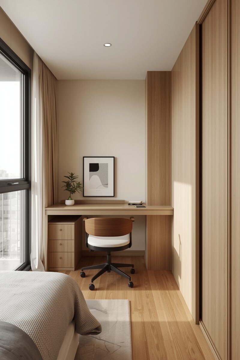 Minimalist bedroom home office nook with built-in wood desk, drawers, and sliding wardrobe with ergonomic chair