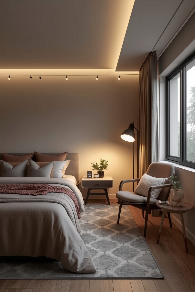 Modern cozy bedroom with warm LED cove lighting, string lights, grey bedding, accent chair, and floor lamp