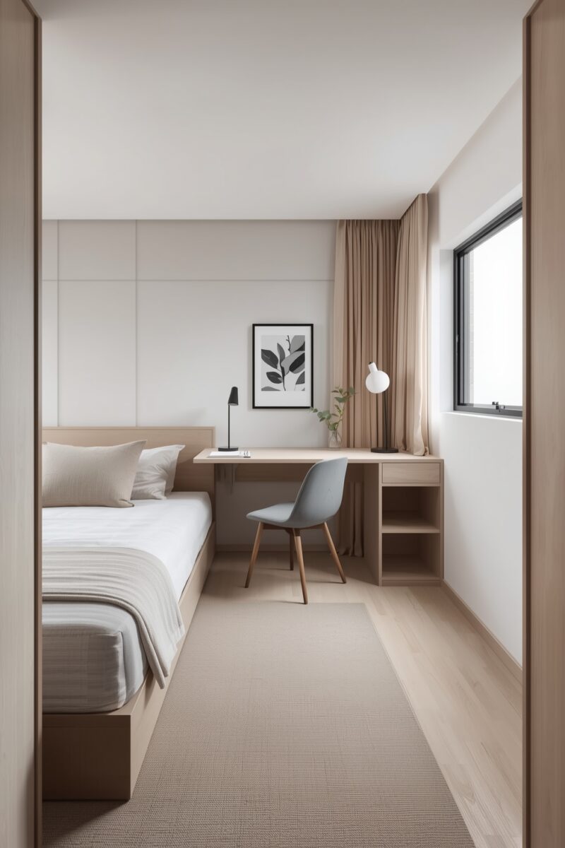 Minimalist bedroom with light wood desk, blue chair, single bed, neutral tones, and natural light from window