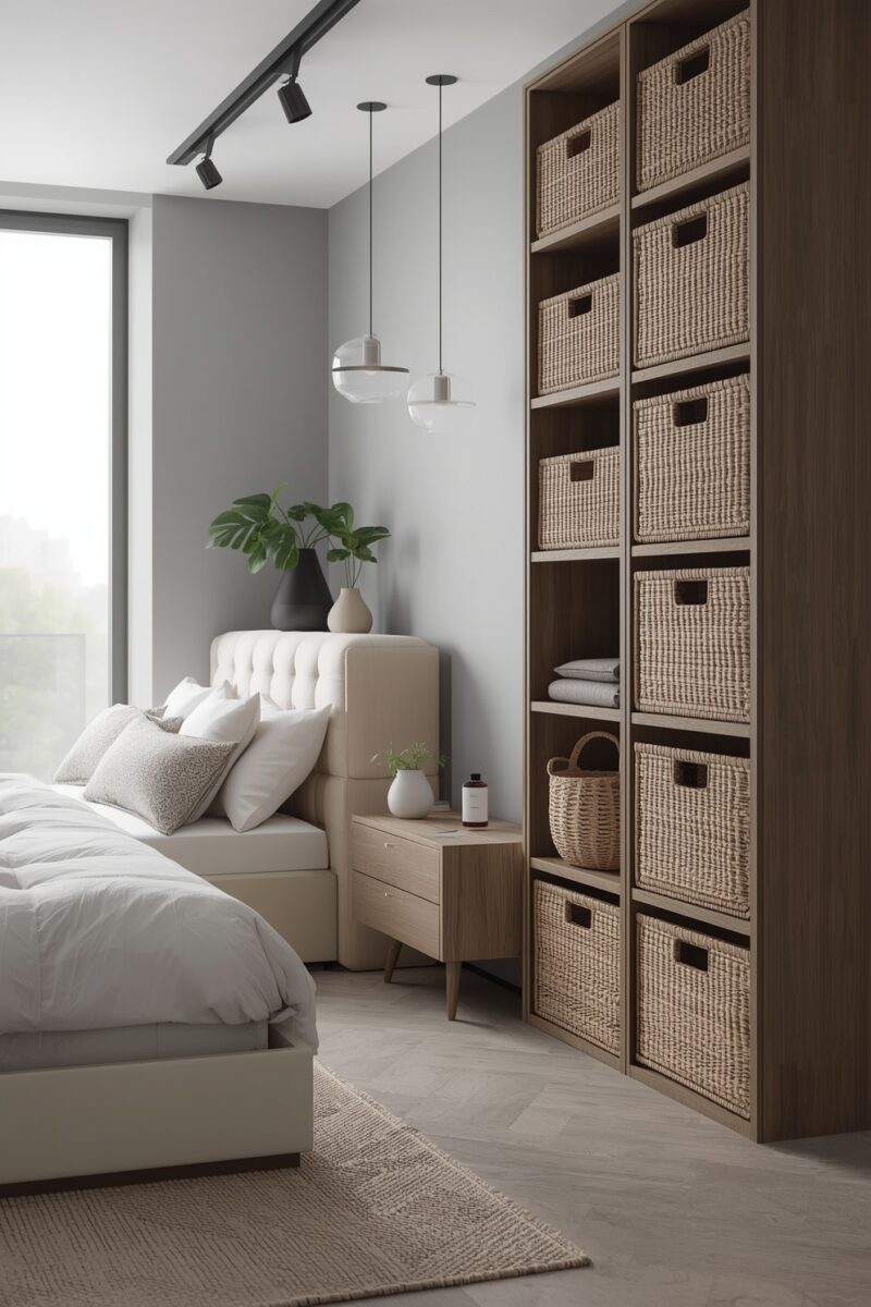 Modern minimalist bedroom with tall wooden shelving unit filled with wicker baskets, tufted headboard, and pendant lights