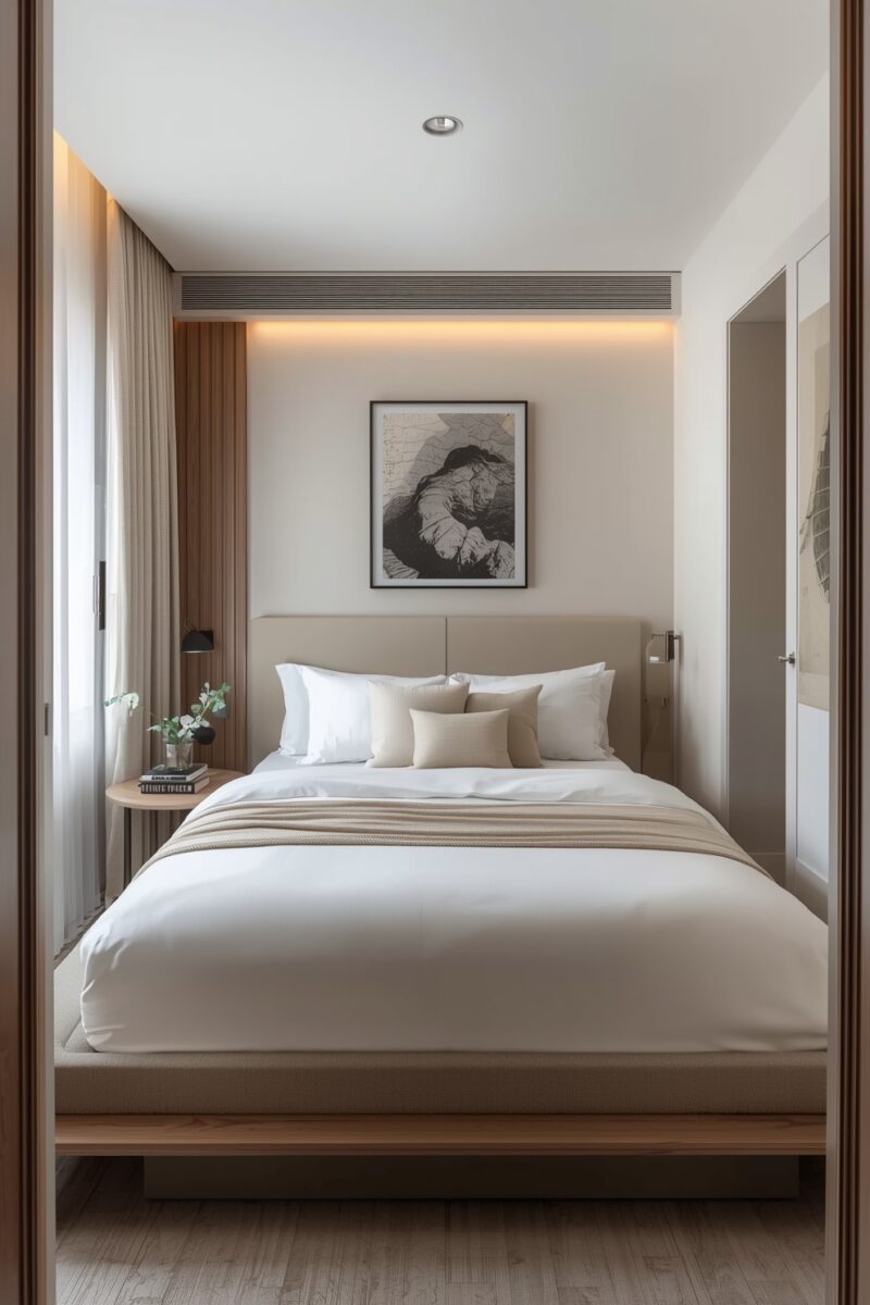 Modern minimalist bedroom with white bedding, beige upholstered headboard, wood accents, and abstract wall art
