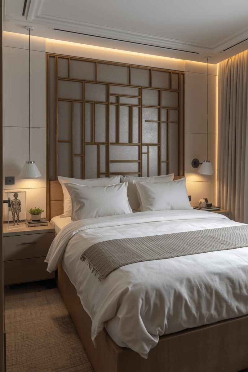 Luxurious hotel-style bedroom with tall geometric headboard, white bedding, warm ambient lighting, and matching pendant lamps