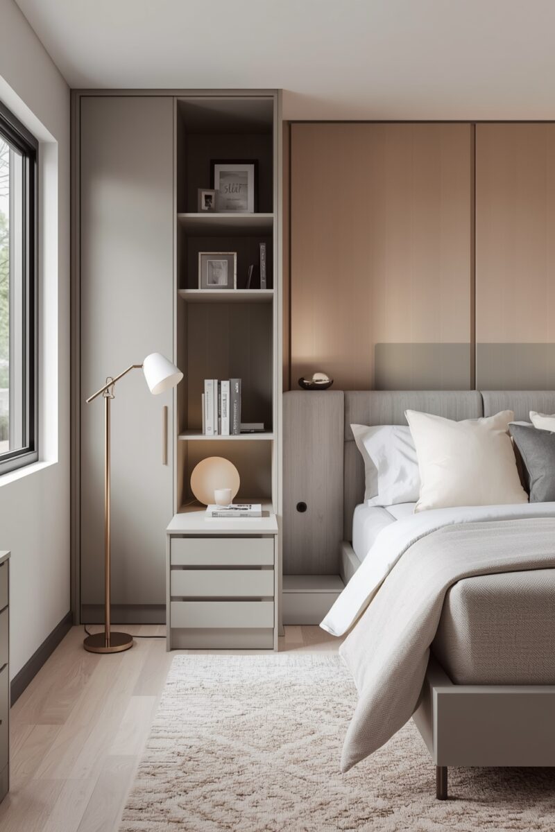 Modern minimalist bedroom with built-in wardrobe, open shelving, nightstand, floor lamp, and neutral-toned bedding