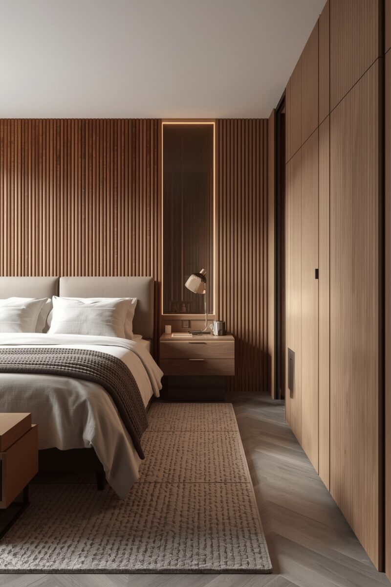 Modern luxury bedroom with vertical wood slat accent wall, upholstered bed, floating nightstand, and built-in wardrobe