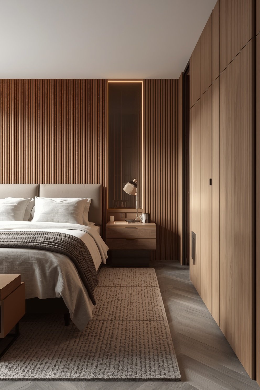 Modern luxury bedroom with vertical wood slat accent wall, upholstered bed, floating nightstand, and built-in wardrobe