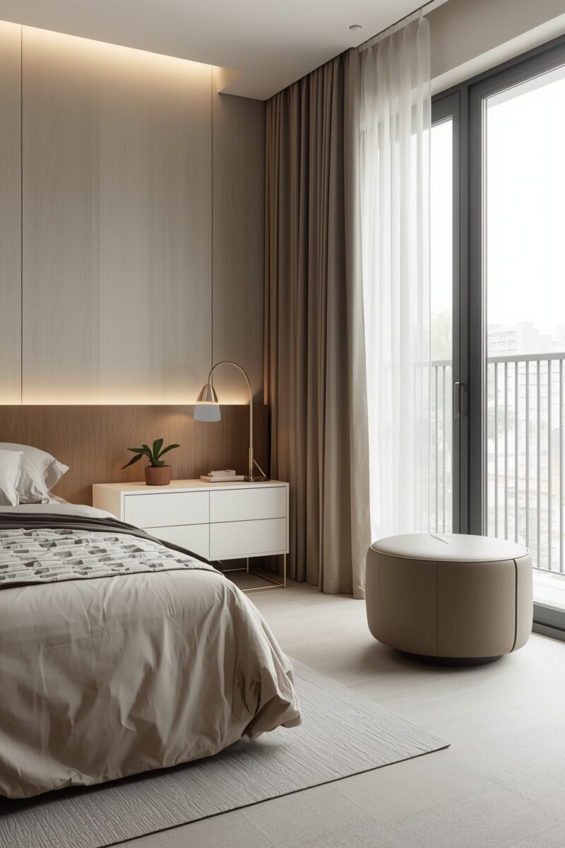 Modern minimalist bedroom with neutral tones, wood headboard, white dresser, round ottoman, and floor-to-ceiling windows