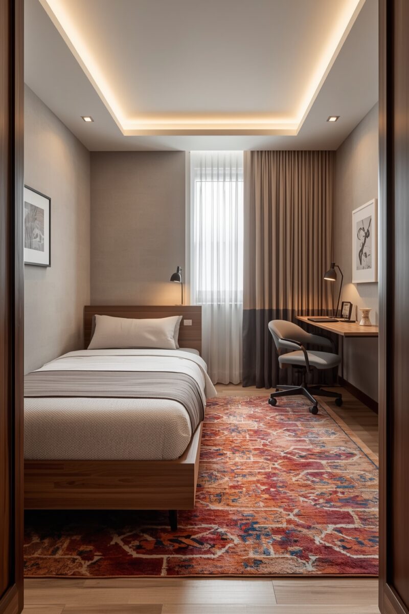 Modern small bedroom with single bed, wooden desk, office chair, and colorful red Persian rug with cove ceiling lighting