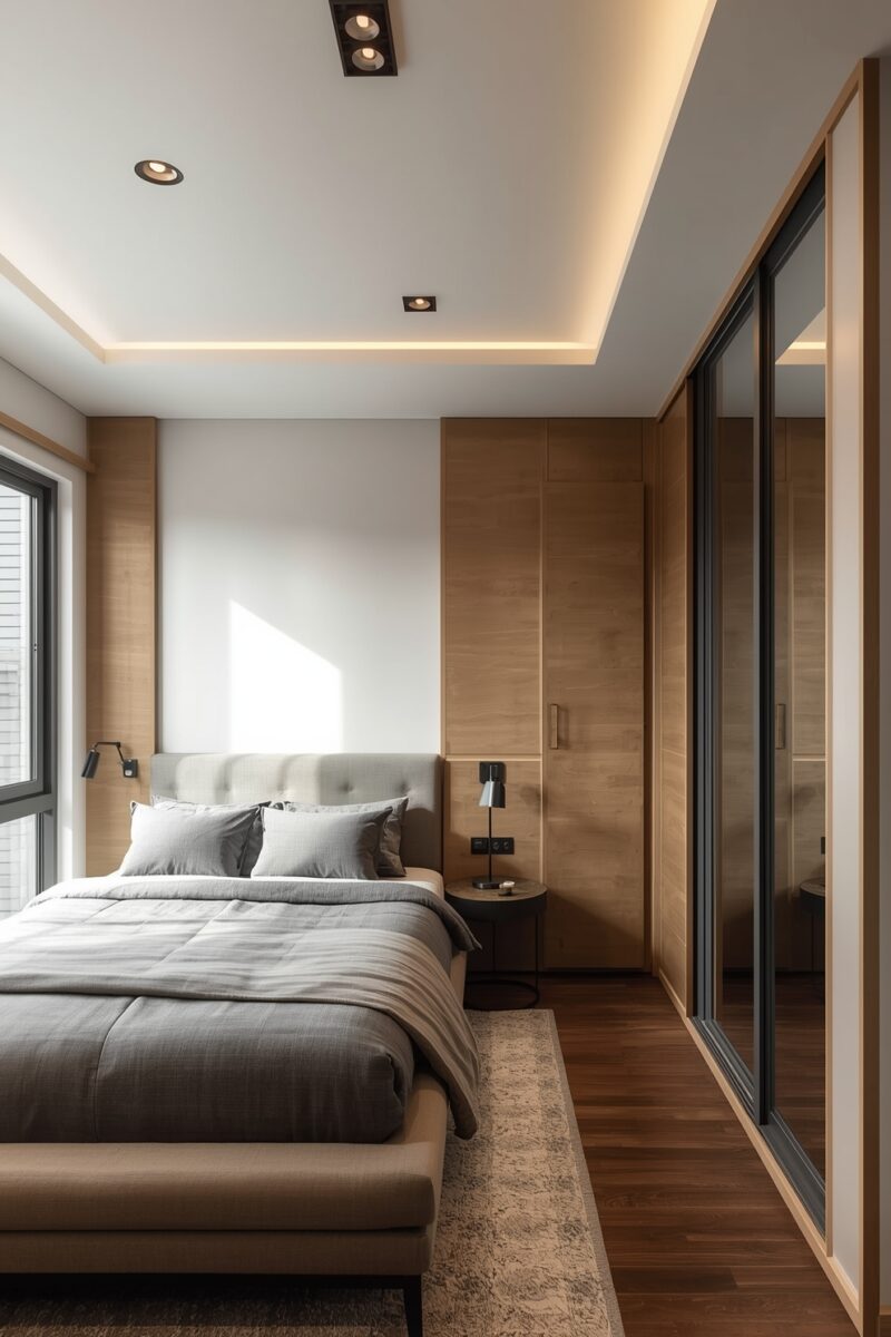 Modern minimalist bedroom with gray upholstered bed, wood panel walls, sliding mirror wardrobe, and recessed ceiling lighting