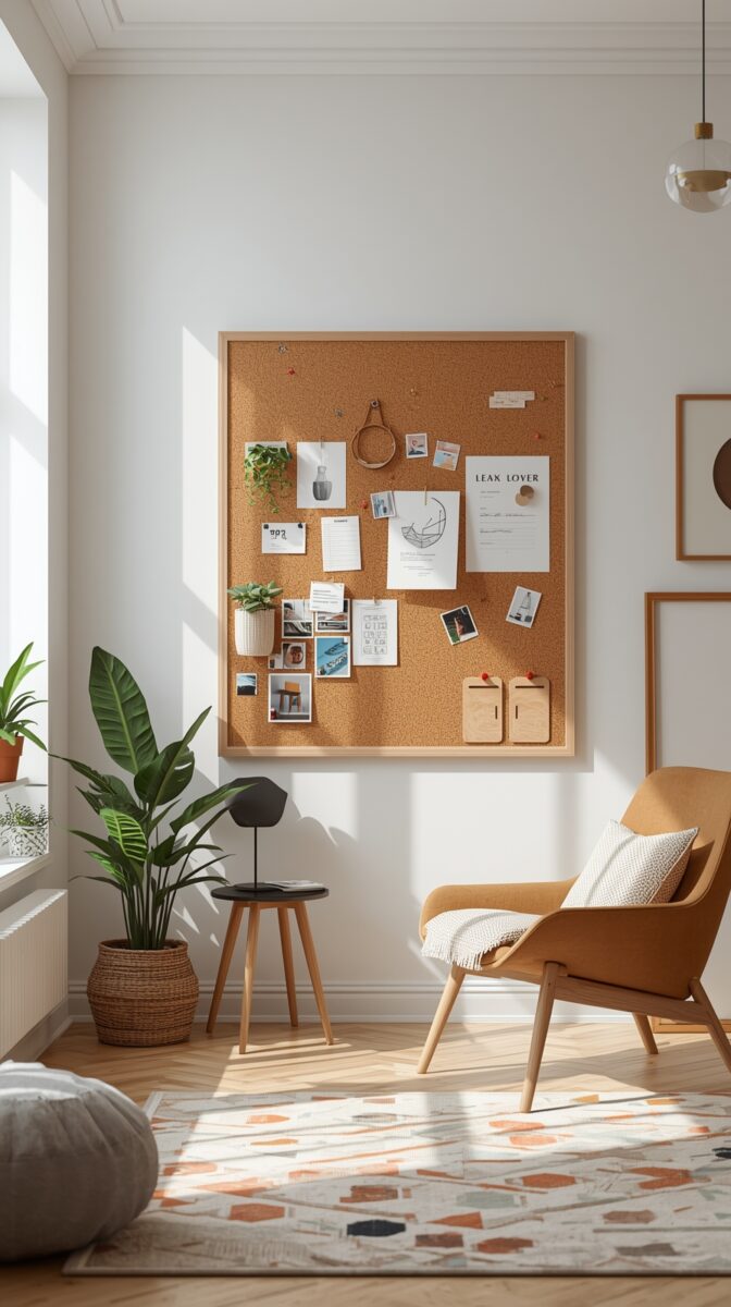 Scandinavian-style room with large cork bulletin board, mustard accent chair, tropical plant, and patterned rug