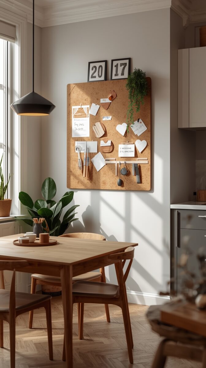 Cork bulletin board with notes and keys mounted on white wall in modern Scandinavian kitchen dining area