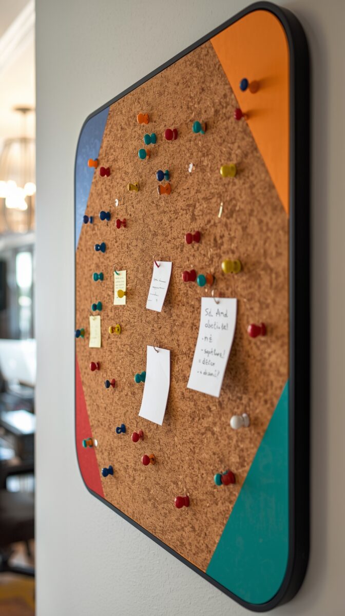 Colorful cork bulletin board with black frame, multicolored pushpins, and handwritten paper notes mounted on a wall