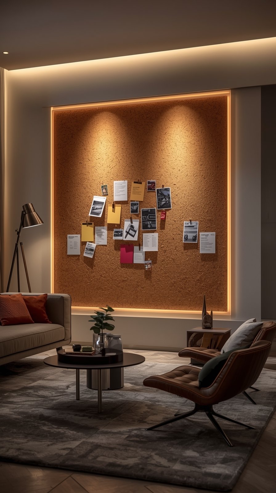 Modern living room with large illuminated cork board wall displaying pinned notes, photos, and documents