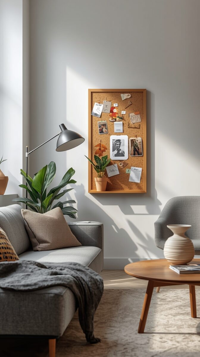 Modern living room with cork bulletin board displaying photos and notes on white wall above gray sofa