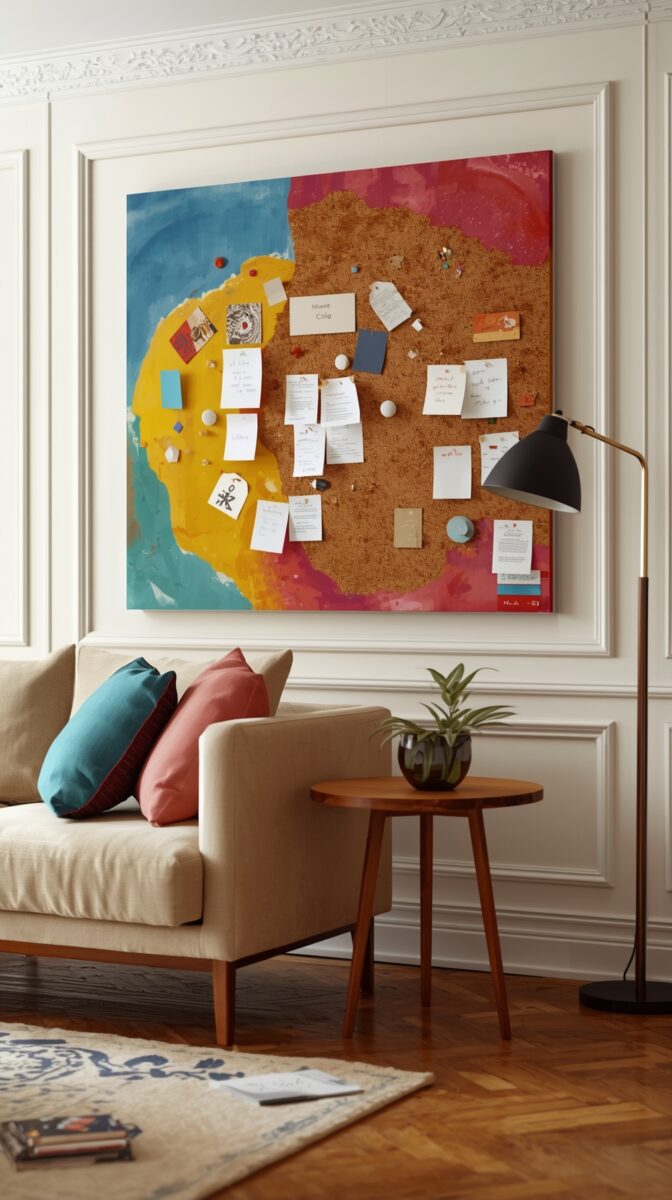 Colorful painted cork bulletin board with notes and pins hanging above a beige sofa in a modern living room