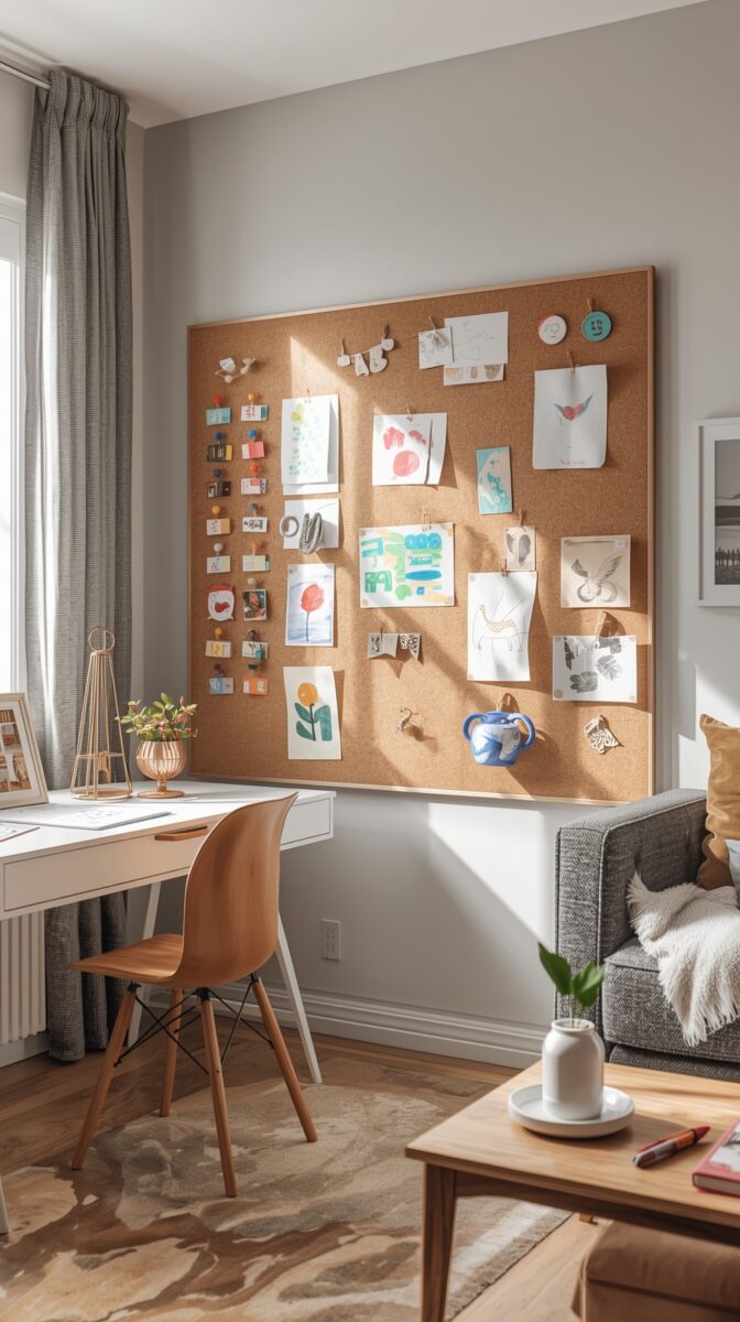 Large cork bulletin board displaying colorful children's artwork in a bright modern home office with white desk and Eames chair