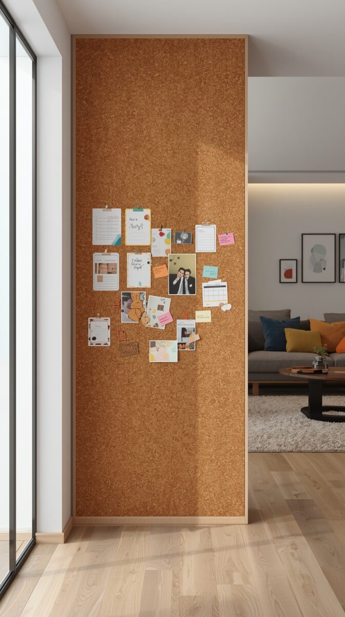 Large floor-to-ceiling cork board wall with pinned notes, photos, and colorful sticky notes in a modern living space