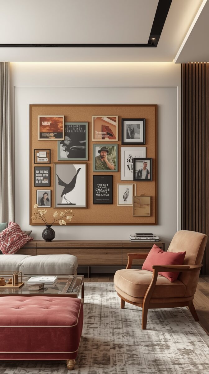Modern living room with large cork board gallery wall displaying framed photos and art prints above wooden credenza