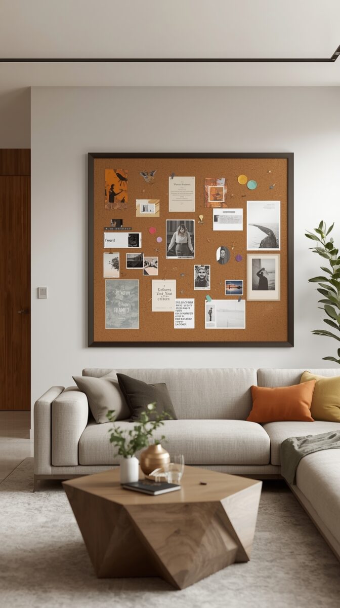 Modern living room with large framed cork vision board displaying photos and notes above a gray sectional sofa