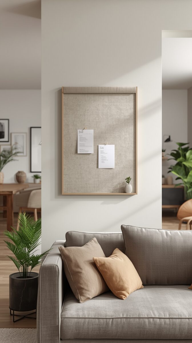 Minimalist living room with linen fabric bulletin board on white wall above gray sofa with beige and yellow cushions