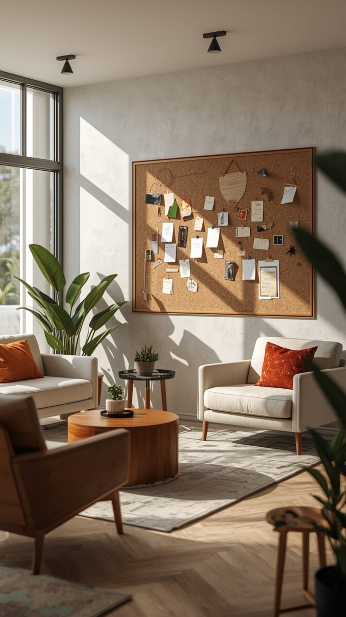 Modern living room with large cork bulletin board, cream armchairs, orange pillows, wooden coffee table, and tropical plants