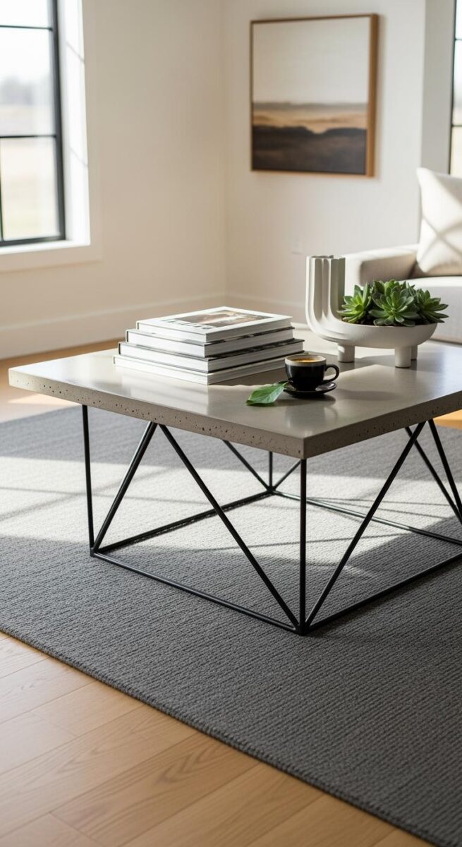 Modern concrete-top coffee table with black geometric metal legs styled with books, espresso cup, succulents, and white ceramic vase