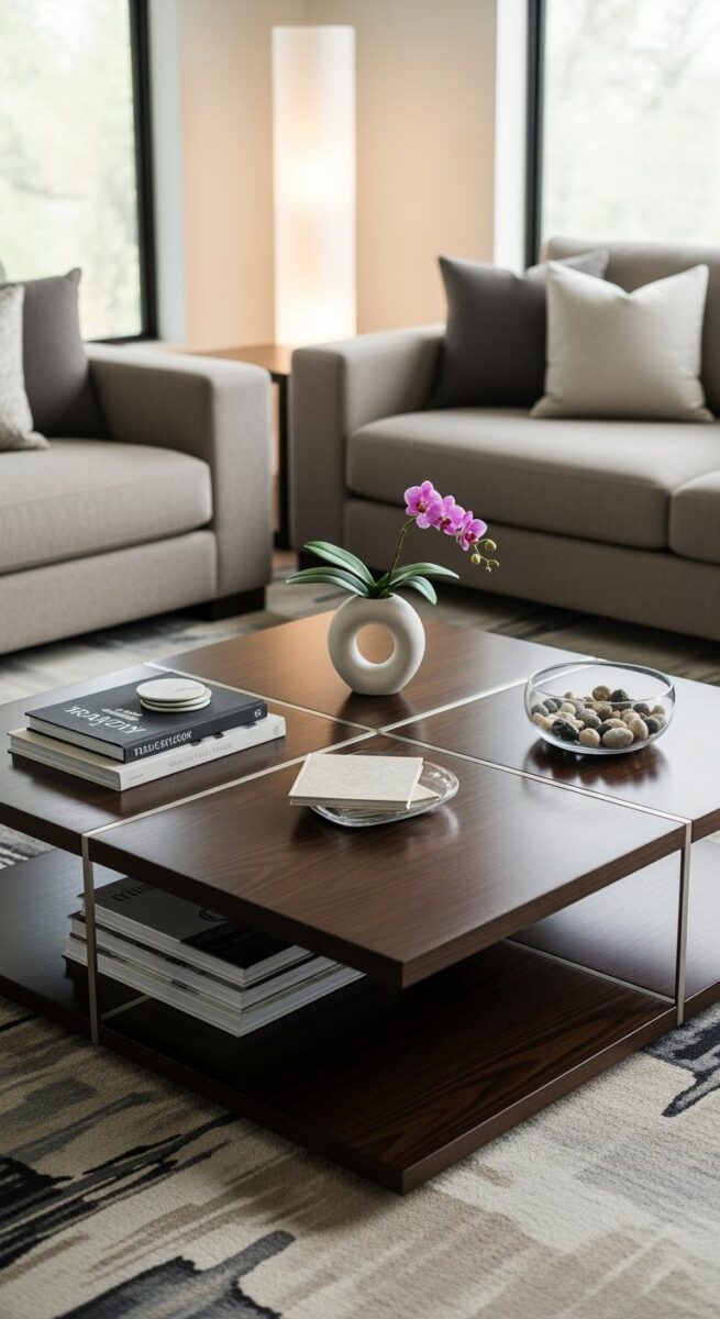 Modern living room with dark wood coffee table, orchid vase, stacked books, and gray sofas on patterned rug