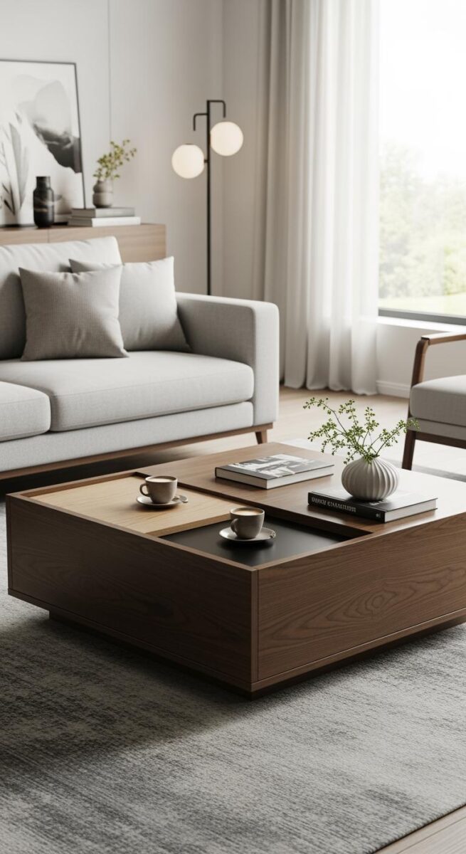 Modern minimalist living room with wooden coffee table, grey sofa, two espresso cups, books, and small vase
