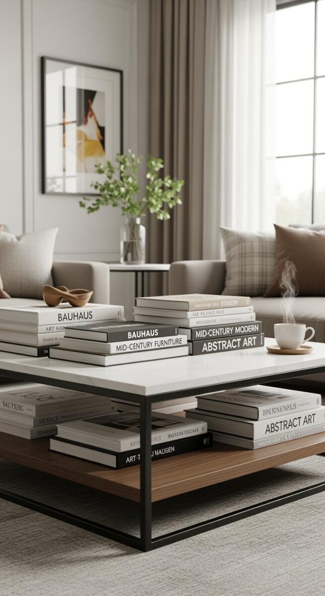 Modern living room coffee table with stacked Bauhaus and Abstract Art books, steaming coffee cup, marble top, black metal frame