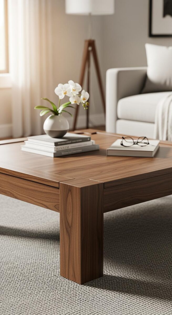 Modern walnut wood coffee table with stacked books, white orchid in round vase, and glasses in bright living room