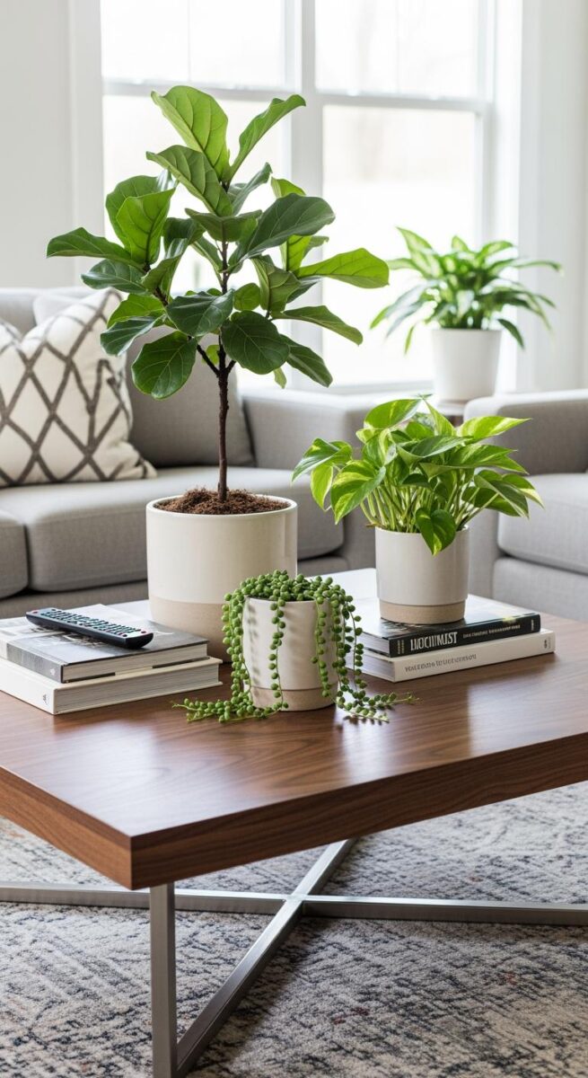 Three potted houseplants on a walnut coffee table including fiddle leaf fig, pothos, and string of pearls