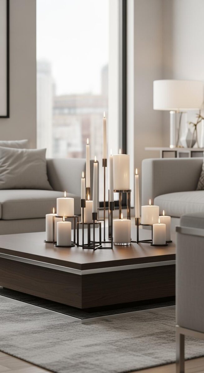 Modern living room coffee table with elegant multi-candle centerpiece featuring white pillar and taper candles on geometric metal holder