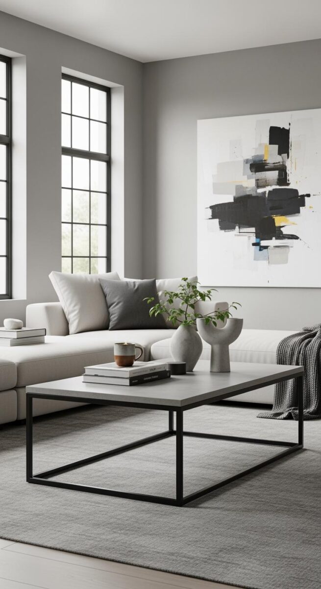 Modern minimalist living room with white sectional sofa, concrete coffee table, abstract wall art, and gray walls
