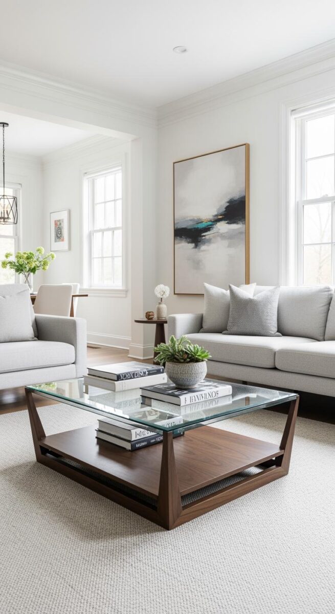 Modern living room with gray sofa, glass coffee table, abstract wall art, and neutral tones in bright natural light