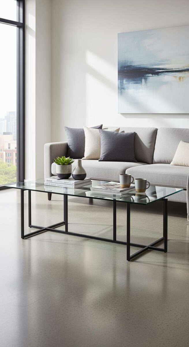Modern living room with glass and black metal coffee table, gray sofa, decorative pillows, succulent plant, and abstract wall art