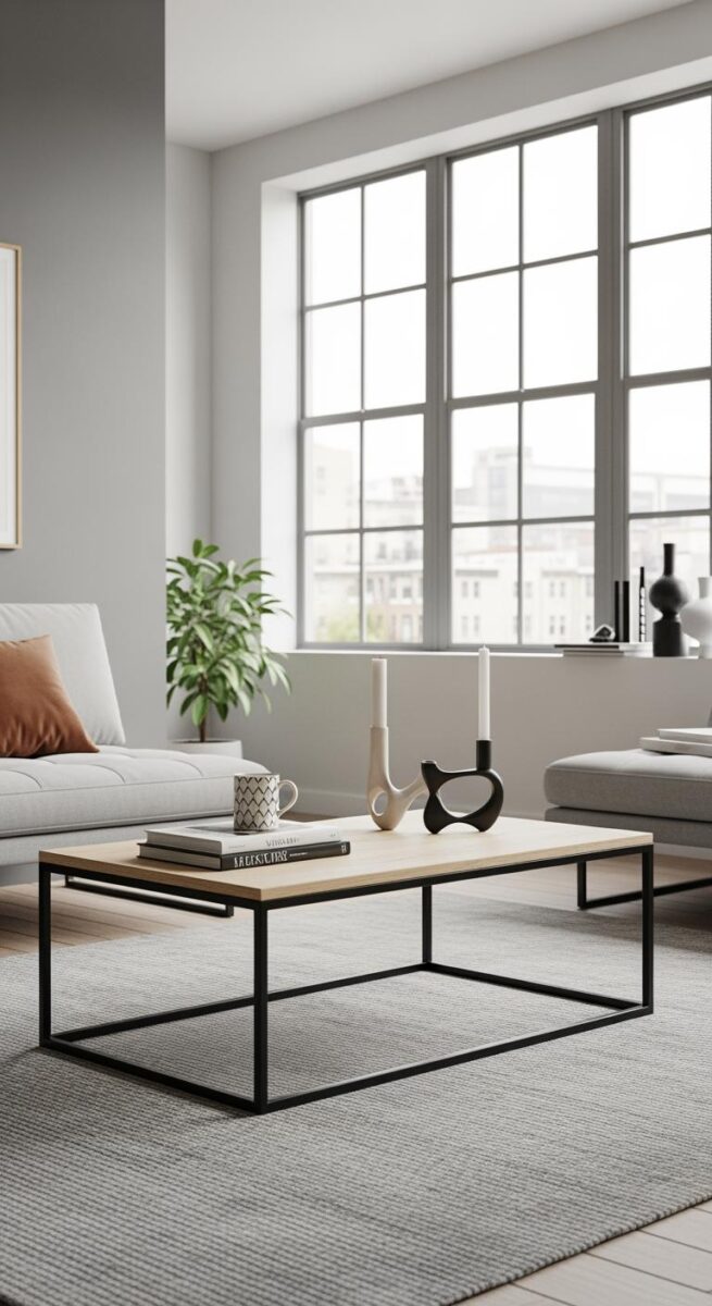 Modern minimalist living room with wood and black metal coffee table, white sofa, and large industrial windows