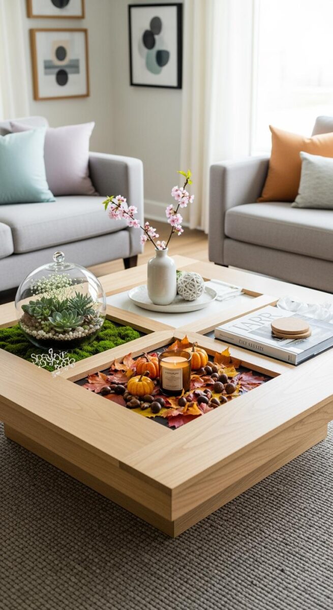 Modern wooden coffee table with seasonal display compartments featuring autumn leaves, mini pumpkins, succulents terrarium, and cherry blossom vase