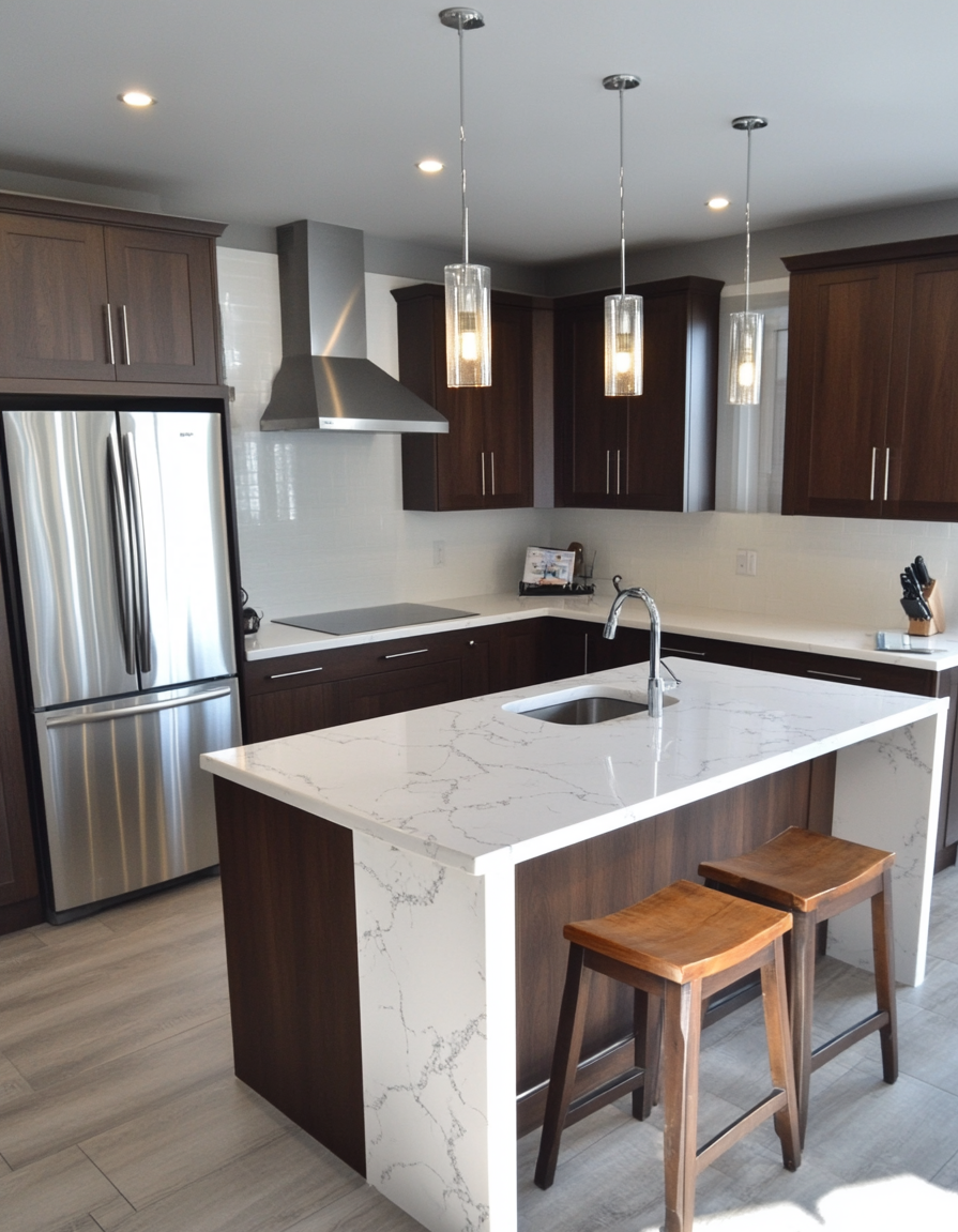 brown cabinets white counter