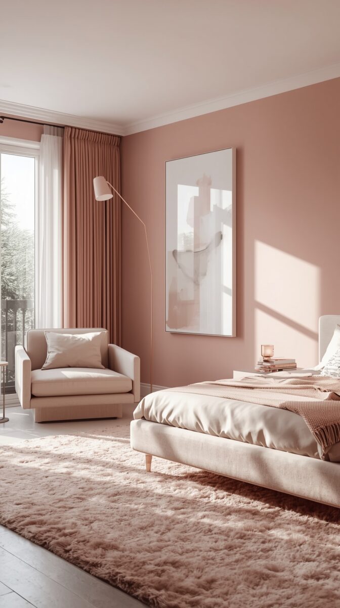 Modern bedroom with pink walls, beige armchair, bed, plush carpet, floor lamp, and abstract wall art in soft neutral tones